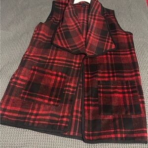 Red and Black Plaid Sleeveless Long Vest
